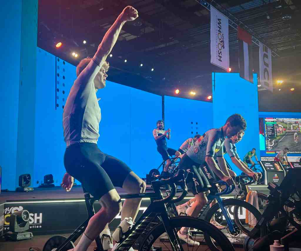 Jason Osborne celebrates win 2024 UCI Cycling Esports World Championship