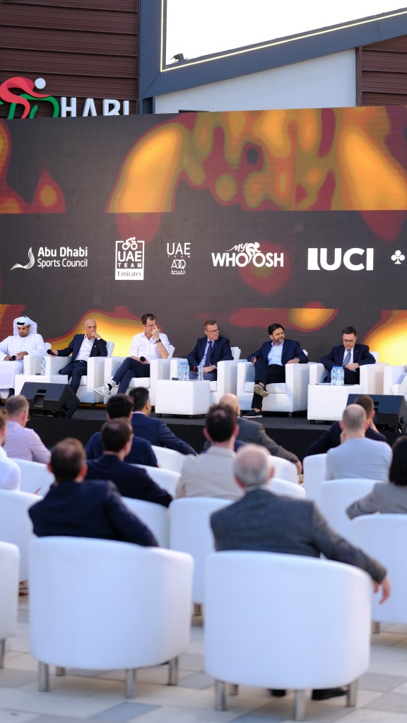 Press overlooking MyWhoosh and UCI press tour stage in Abu Dhabi