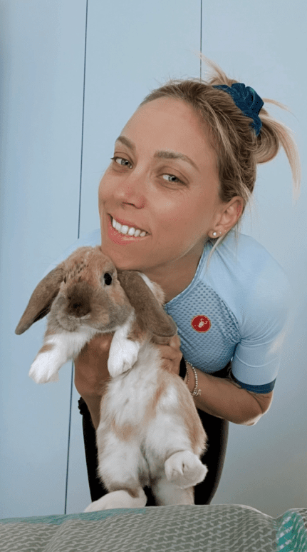 Chiara Doni holding a bunny rabbit