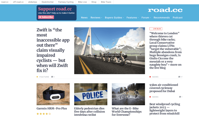 road.cc article headline for visually impaired cyclists on zwift