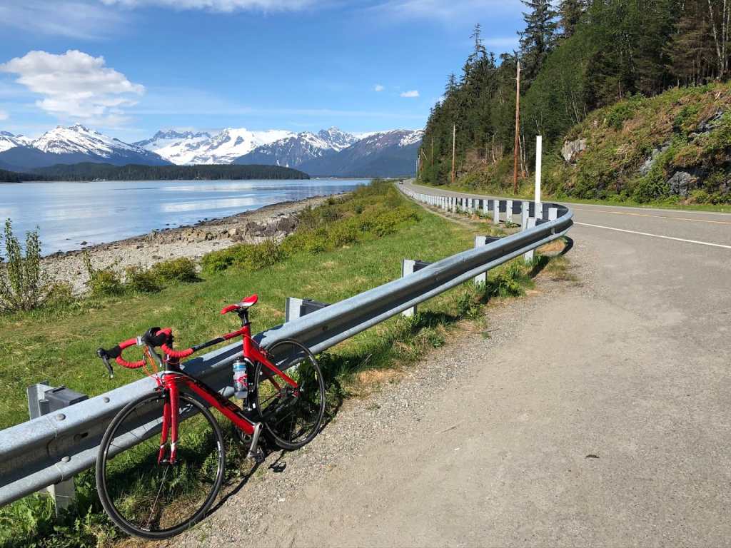 bike leaning against guardrail in Alaska