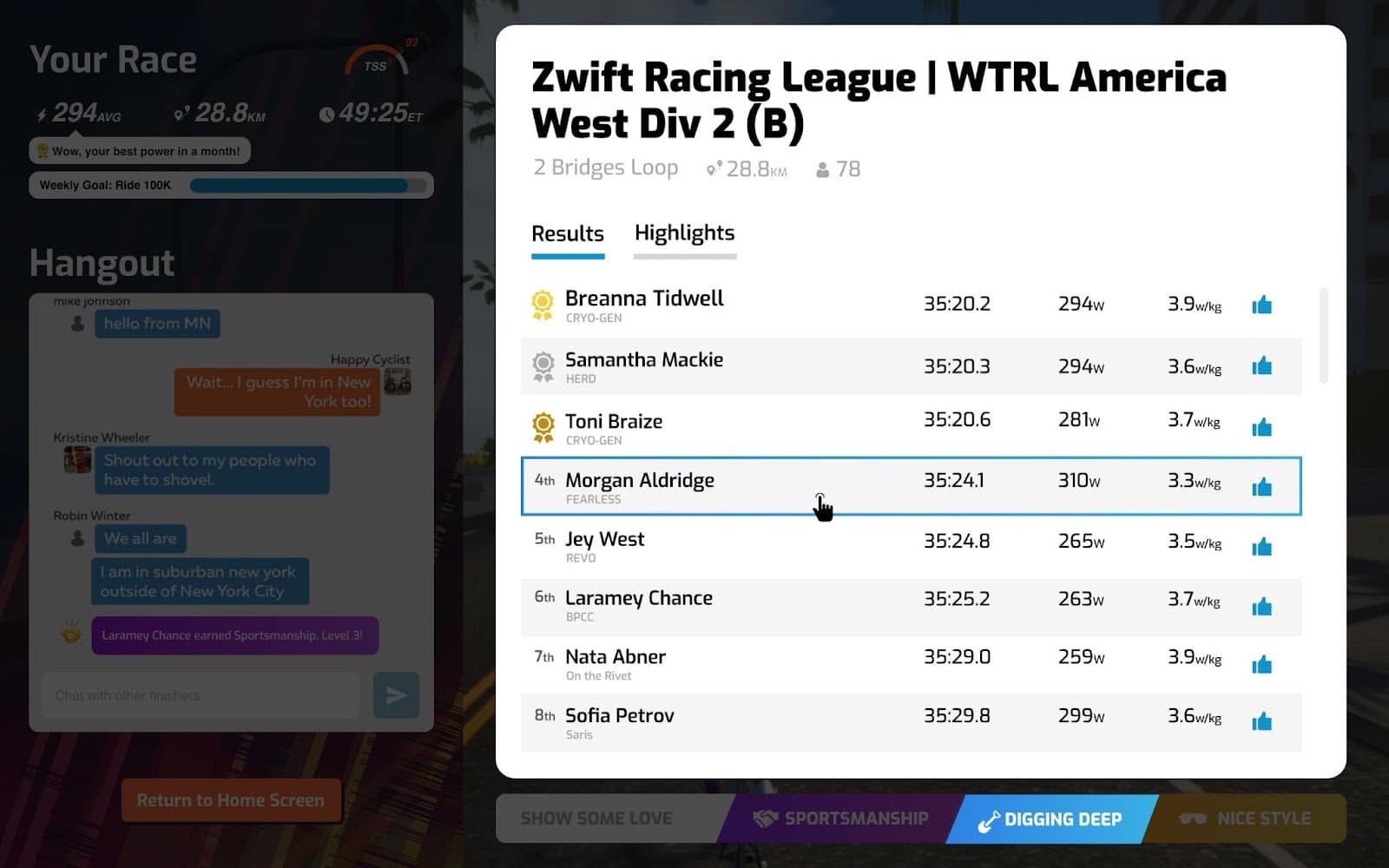 Image showing how to give award after Zwift race