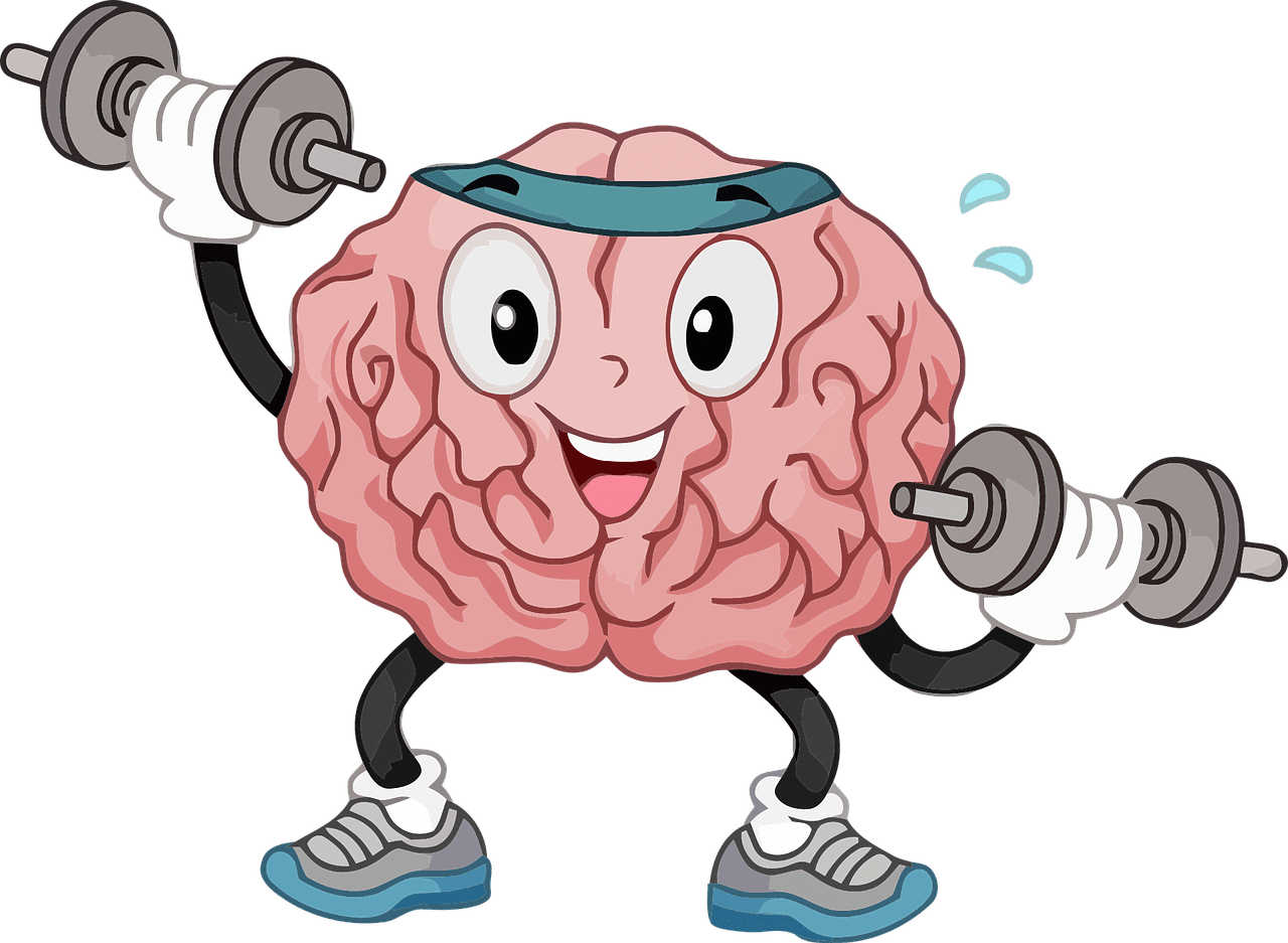 a cartoon image of a brain exercising with dumbbells