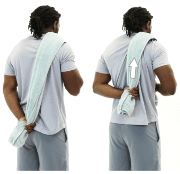 Shoulder pain while cycling towel shoulder internal rotation stretch